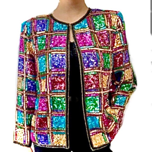 Laurence Kazar Jackets & Blazers - Laurence Kazar Vintage Vibrant Sequin Plaid Jacket